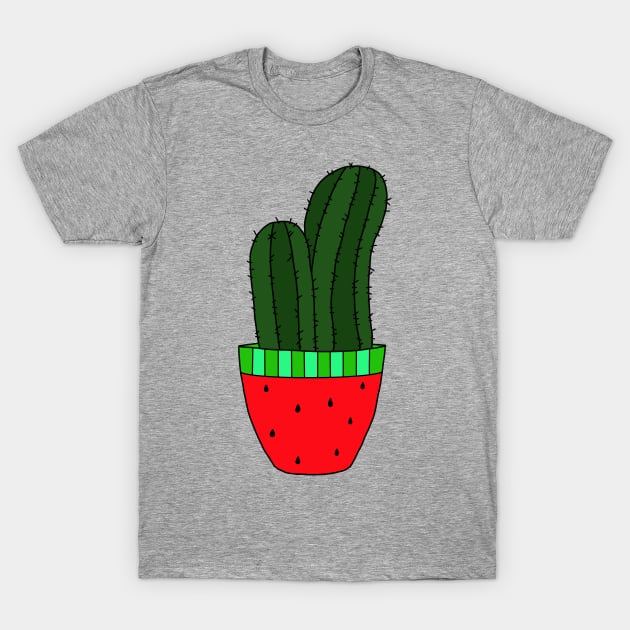 Cute Cactus Design #42: Watermelon Pot With Cucumber Cacti T-Shirt by DreamCactus